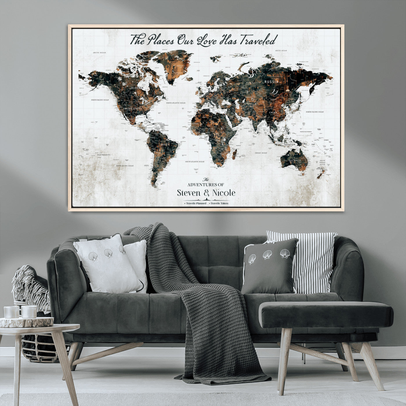 89231588-MGV-CV-36X24-World Travel Map with Pins – Framed Canvas Print to Track Adventures and Create a Visual Travel Journal, Ideal Wall Art for Home - H17