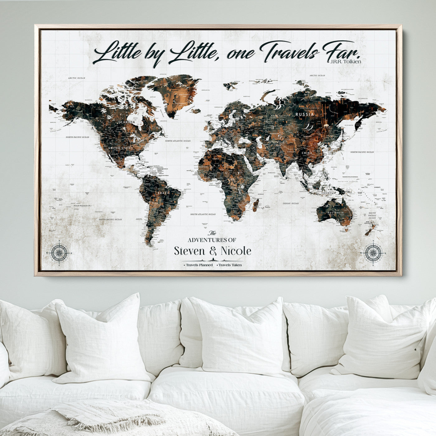 89231588-MGV-FC-36X24_Natural-World Travel Map with Pins – Framed Canvas Print to Track Adventures and Create a Visual Travel Journal, Ideal Wall Art for Home - H17
