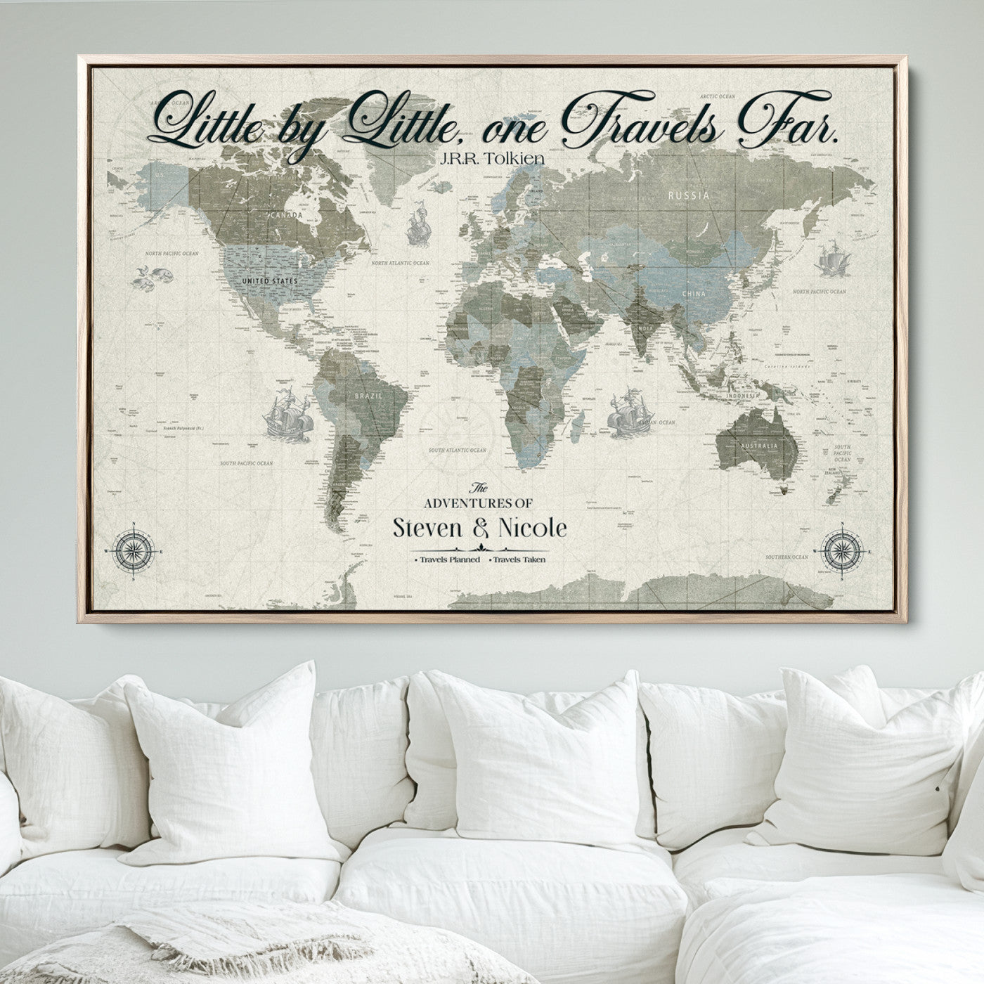 72081300-MGV-FC-36X24_Natural-Custom Push Pin World Map Wall Canvas Print – Personalized Travel Tracker with Pins – Framed Large Multi-Size Canvas for Home Office Decor - H18