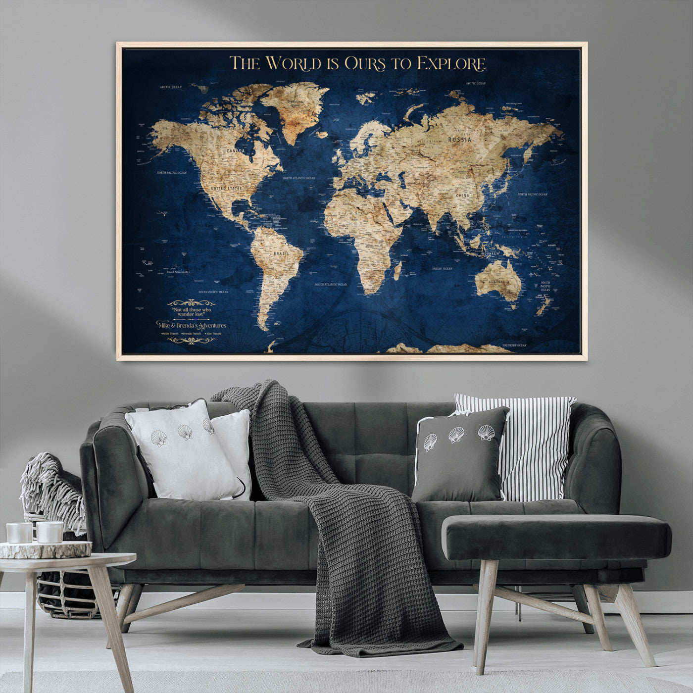 10181149-MGV-CV-36X24-Custom Push Pin World Map Wall Canvas Print – Personalized Travel Tracker with Pins – Framed Large