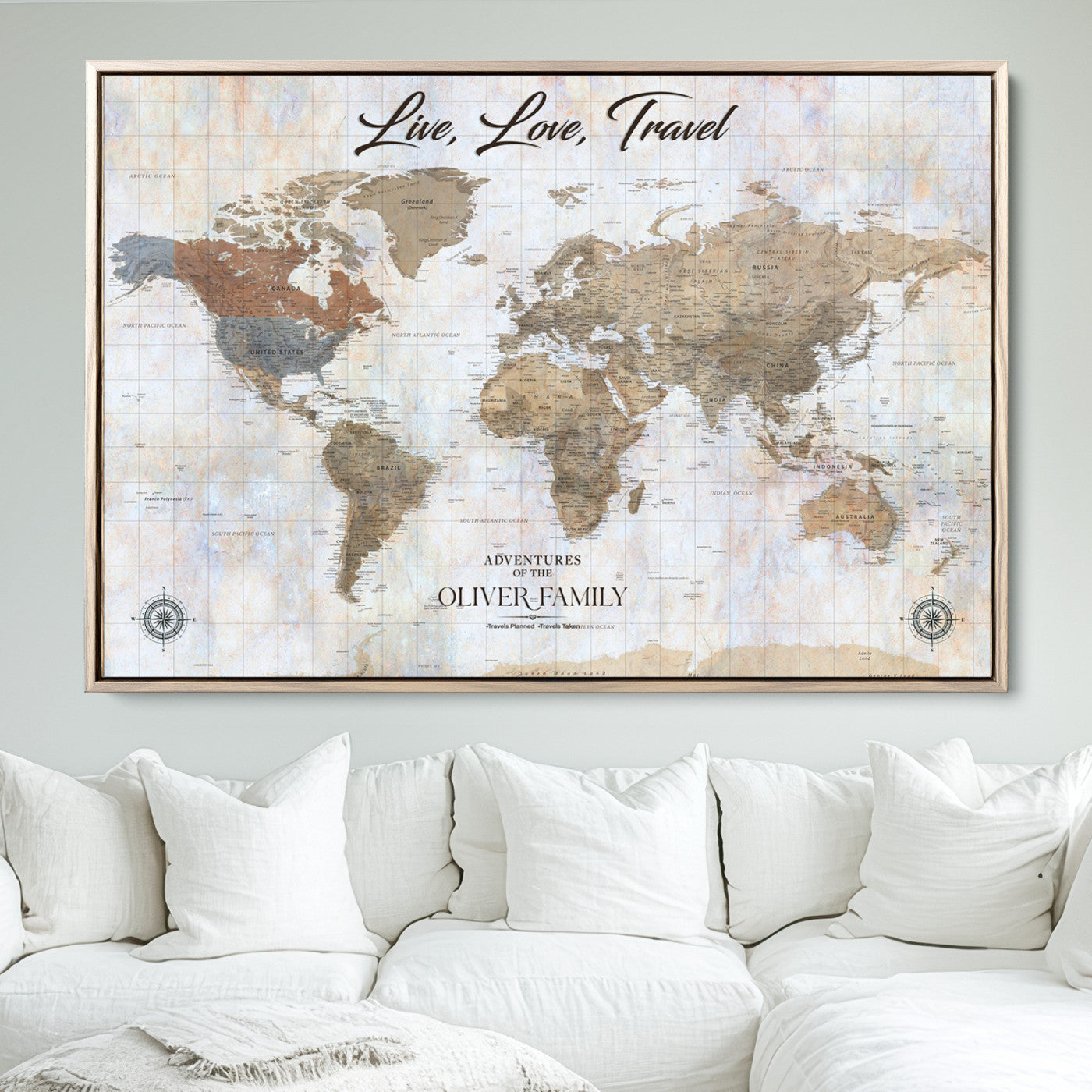 76256172-MGV-CV-36X24-Custom Push Pin World Map Wall Canvas Print – Personalized Travel Tracker with Pins – Framed Large Multi-Size Canvas for Home Office Decor