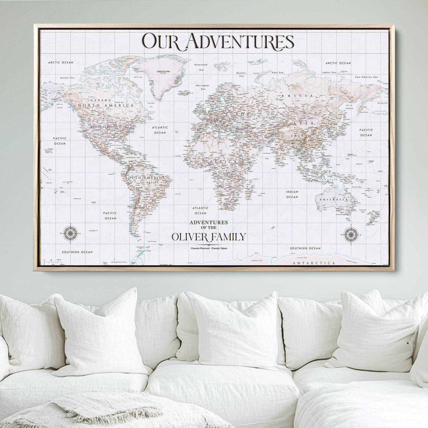 40041157-MGV-CV-36X24-Custom Push Pin World Map Wall Canvas Print – Personalized Travel Tracker with Pins – Framed Large Multi-Size Canvas for Home Office Decor