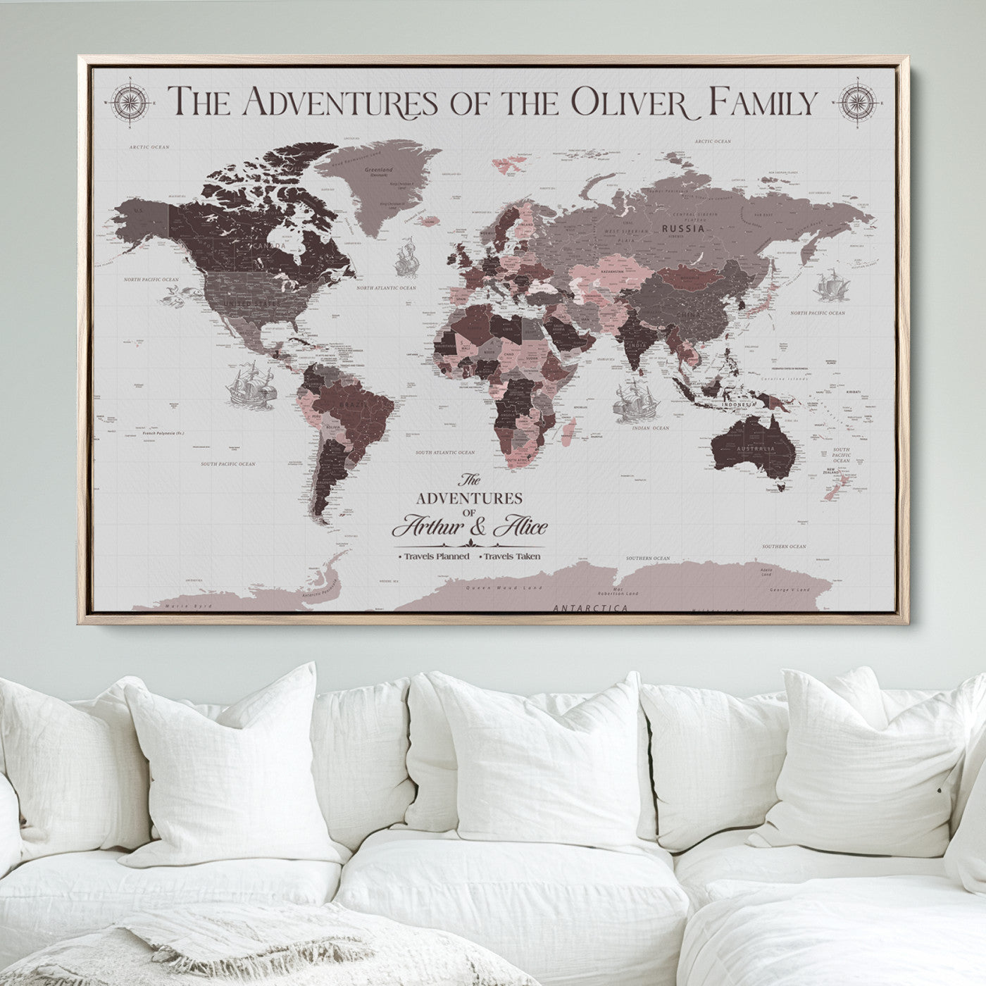 43789856-MGV-FC-36X24_Natural-Custom Push Pin World Map Wall Canvas Print – Personalized Travel Tracker with Pins – Framed Large Multi-Size Canvas for Home Office Decor - H27