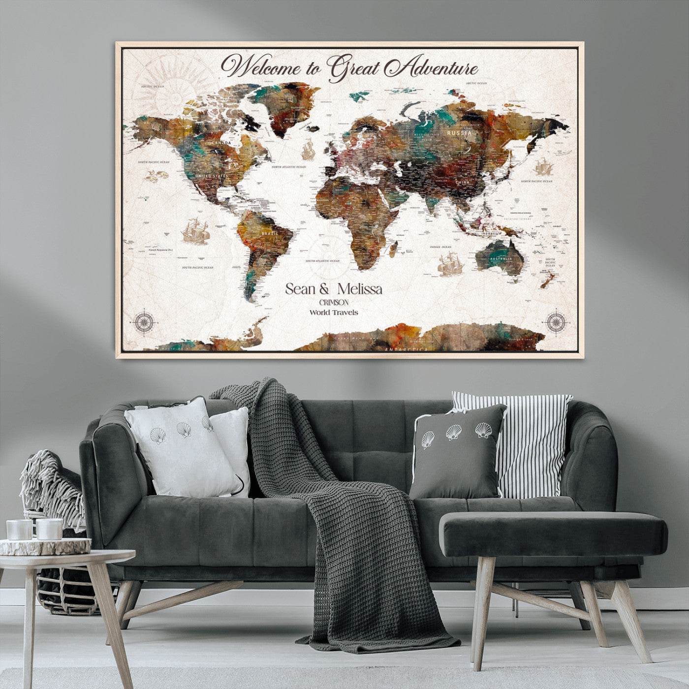 92462592-MGV-CV-36X24-Customize Push Pin World Map Wall Canvas Print – Personalizable Travel World Map with Pins – Framed Personalized Map Print for Couple Gift - H31