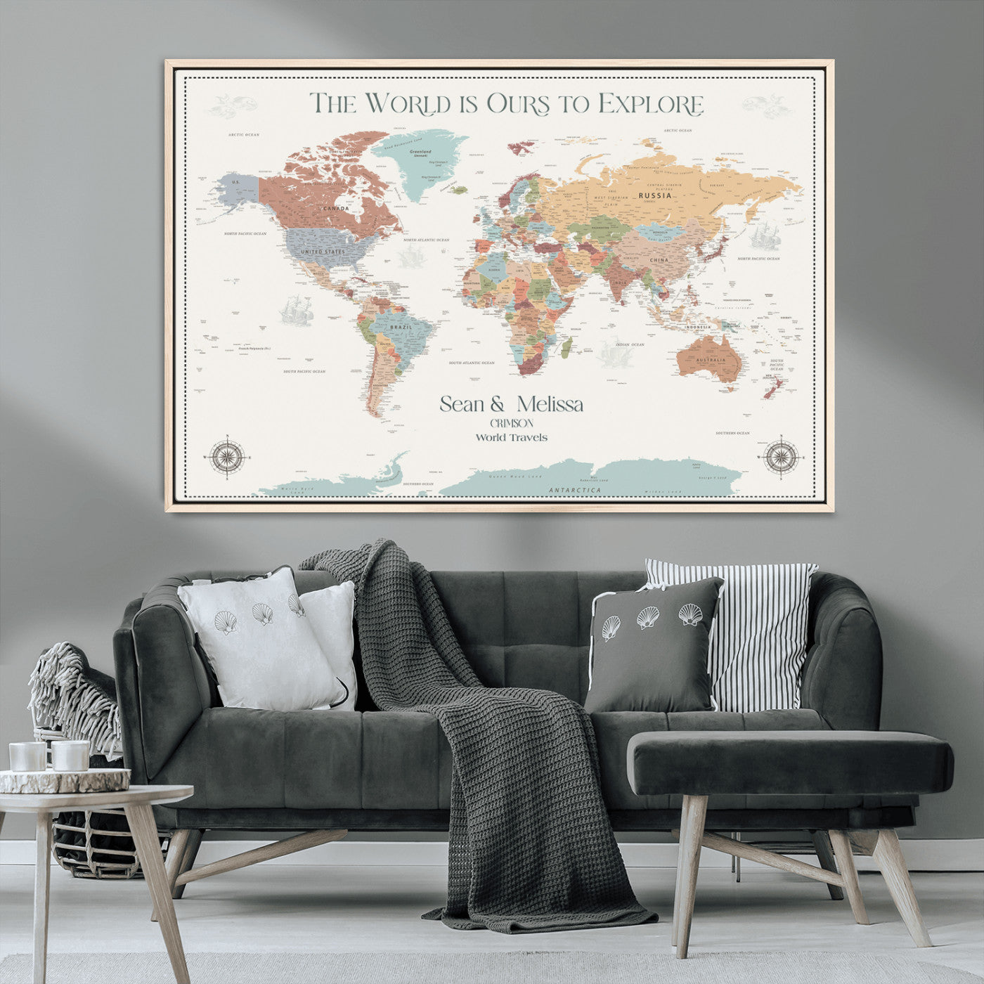 90968866-MGV-CV-36X24-Custom Push Pin World Map Wall Canvas Print – Personalized Travel Tracker with Pins – Framed Large Multi-Size Canvas for Home Office Decor