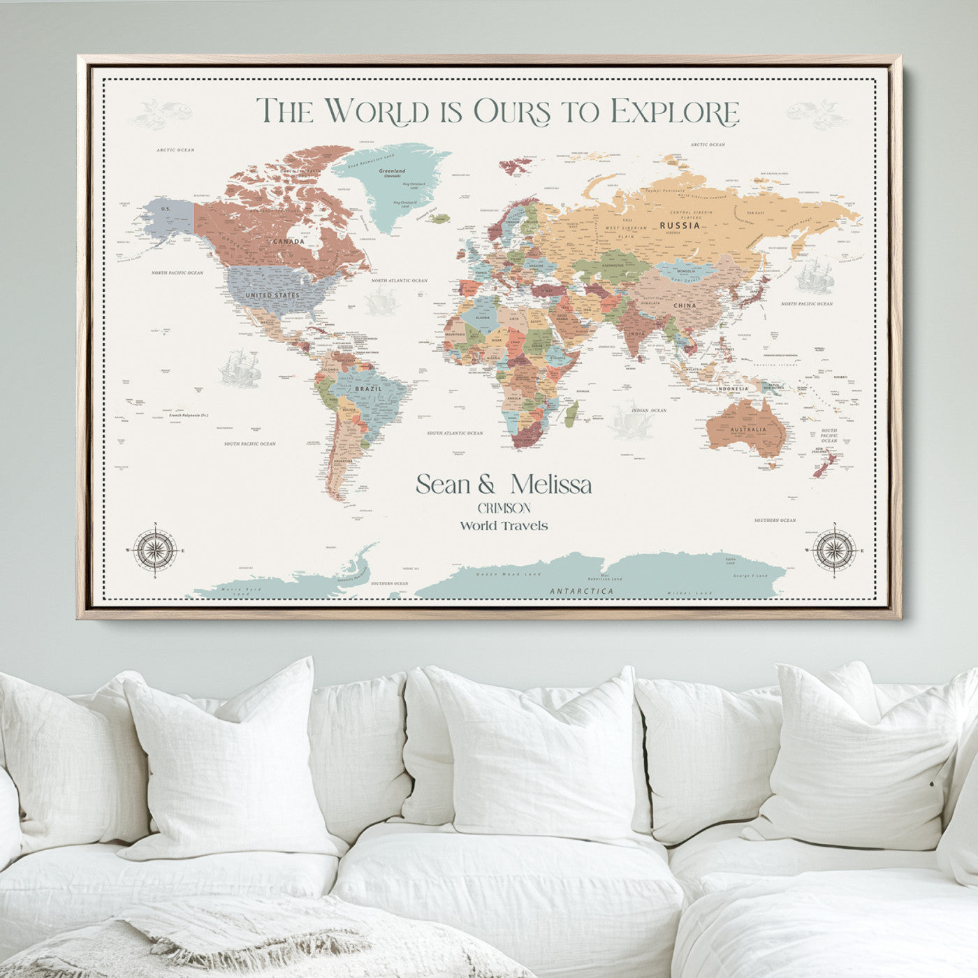 90968866-MGV-FC-36X24_Natural-Custom Push Pin World Map Wall Canvas Print – Personalized Travel Tracker with Pins – Framed Large Multi-Size Canvas for Home Office Decor