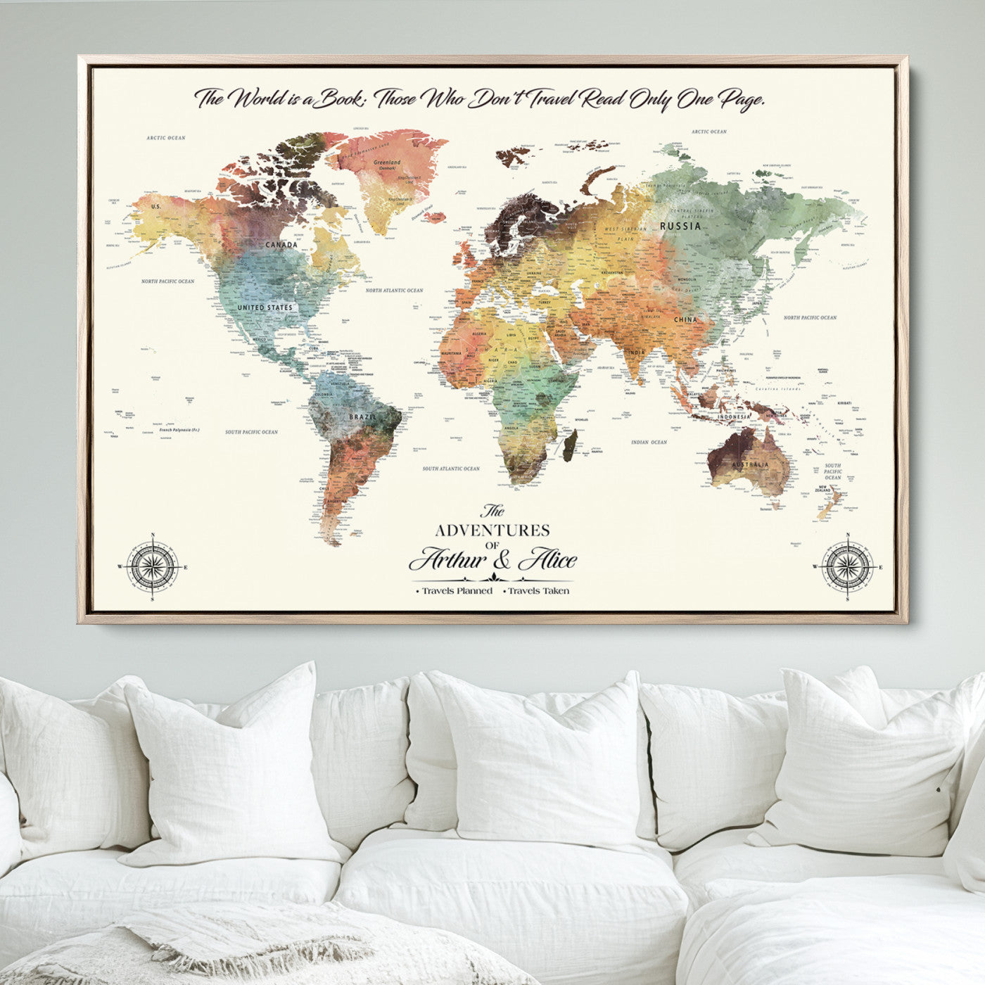 40183091-MGV-FC-36X24_Natural-Custom Framed World Map Canvas Print – Personalized Push Pin Travel Tracker Gift for Couples, Weddings, or Anniversary Celebrations