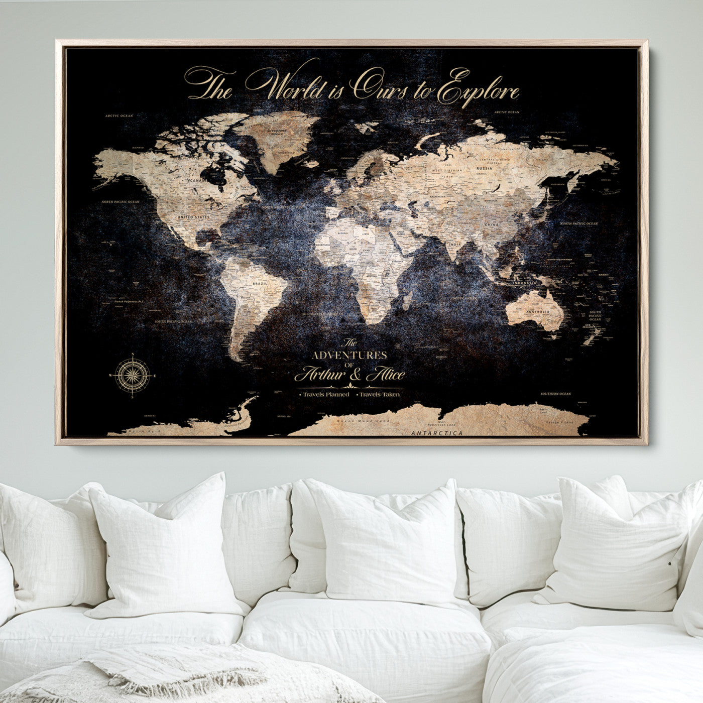 21010471-MGV-FC-36X24_Natural-Customize Push Pin World Map Wall Canvas Print, Personalized Travel Tracker with Pins, Framed Large Canvas for Home Office Decor - H37