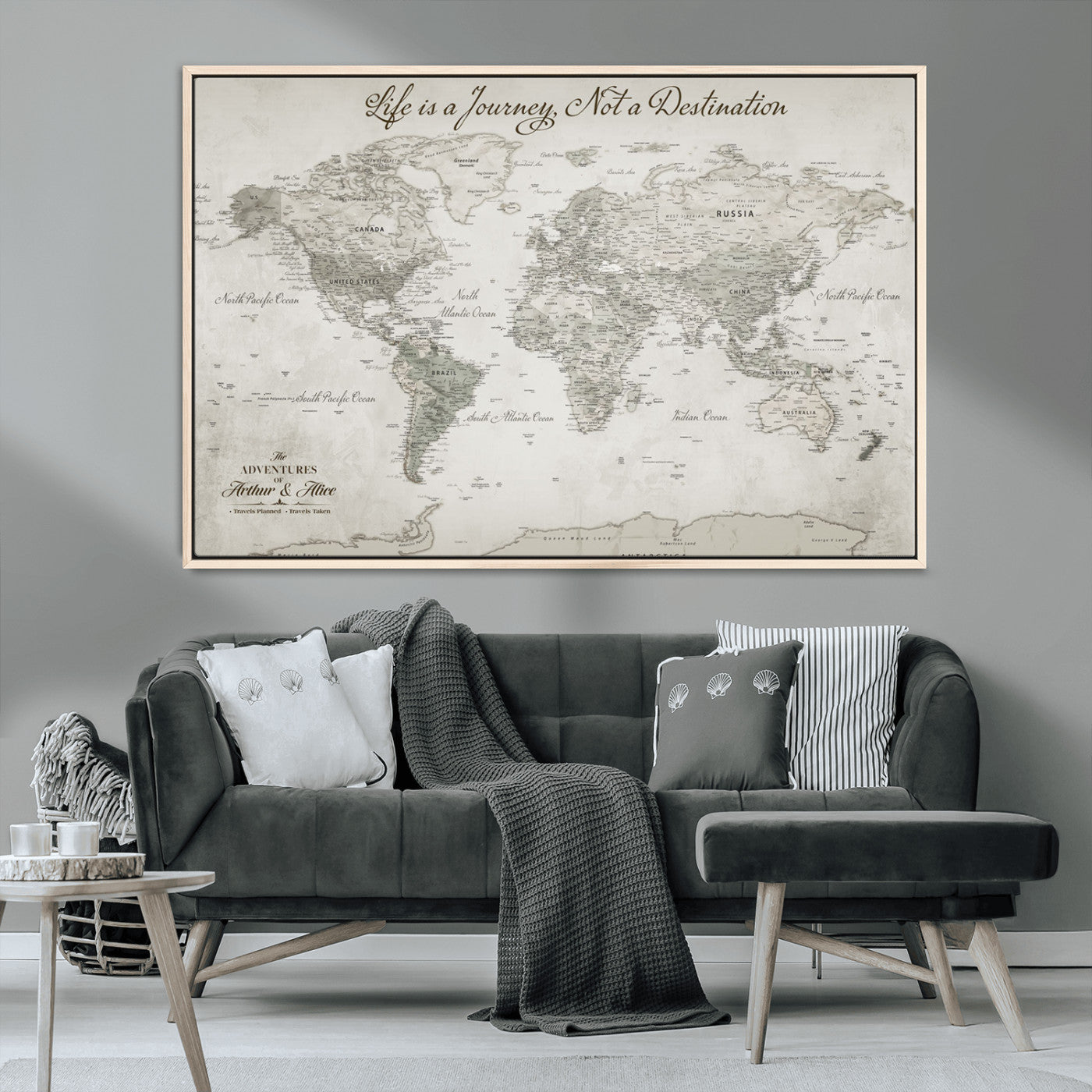 11398637-MGV-CV-36X24-Custom Push Pin World Map Wall Canvas Print – Personalized Travel Tracker with Pins – Framed Custom