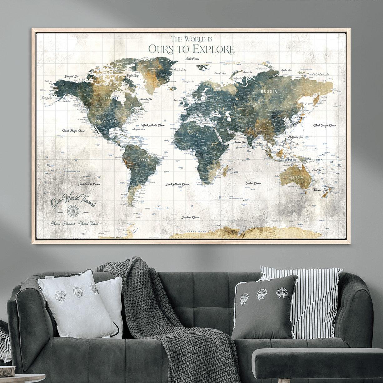 14988581-MGV-FC-36X24 - Custom Push Pin World Map Wall Canvas Print – Personalized Travel Tracker with Pins – Framed Custom Quotie Canvas for Home Office Decor