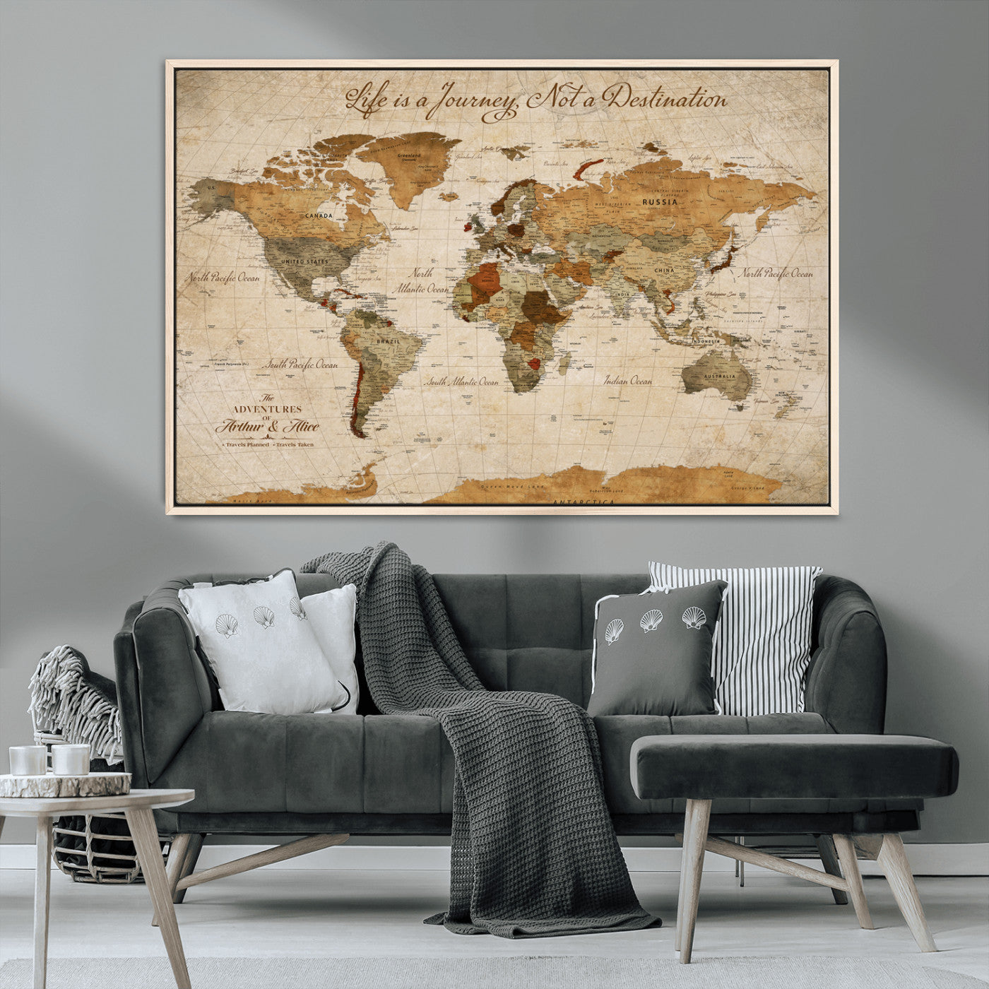 MGV-FC-36X24 - Customizable Framed World Map Wall Art, Personalized Push Pin Travel Maps Canvas Print, Handcrafted in USA, 100 Pins with Foam Backing