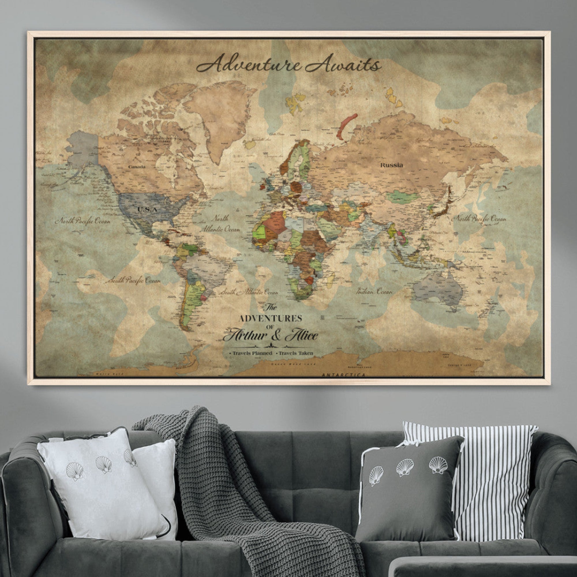 Rehber01-MGV-CV-36X24-Personalized Vintage World Map Canvas Print – Custom Push Pin Travel Map Antique Style Gift for Couples Travelers for Home Office