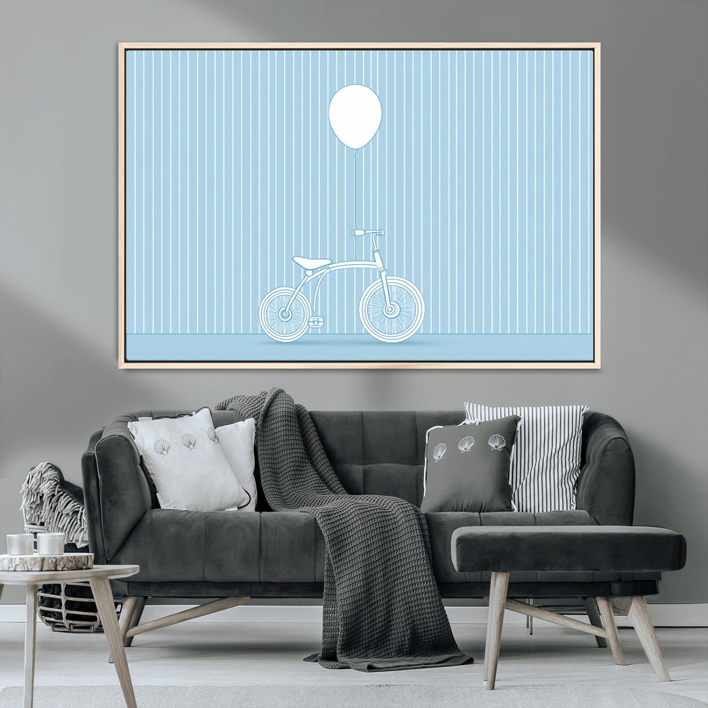 A minimalistic blue line drawing of a bicycle with a balloon floating above it, set against a soft striped background.