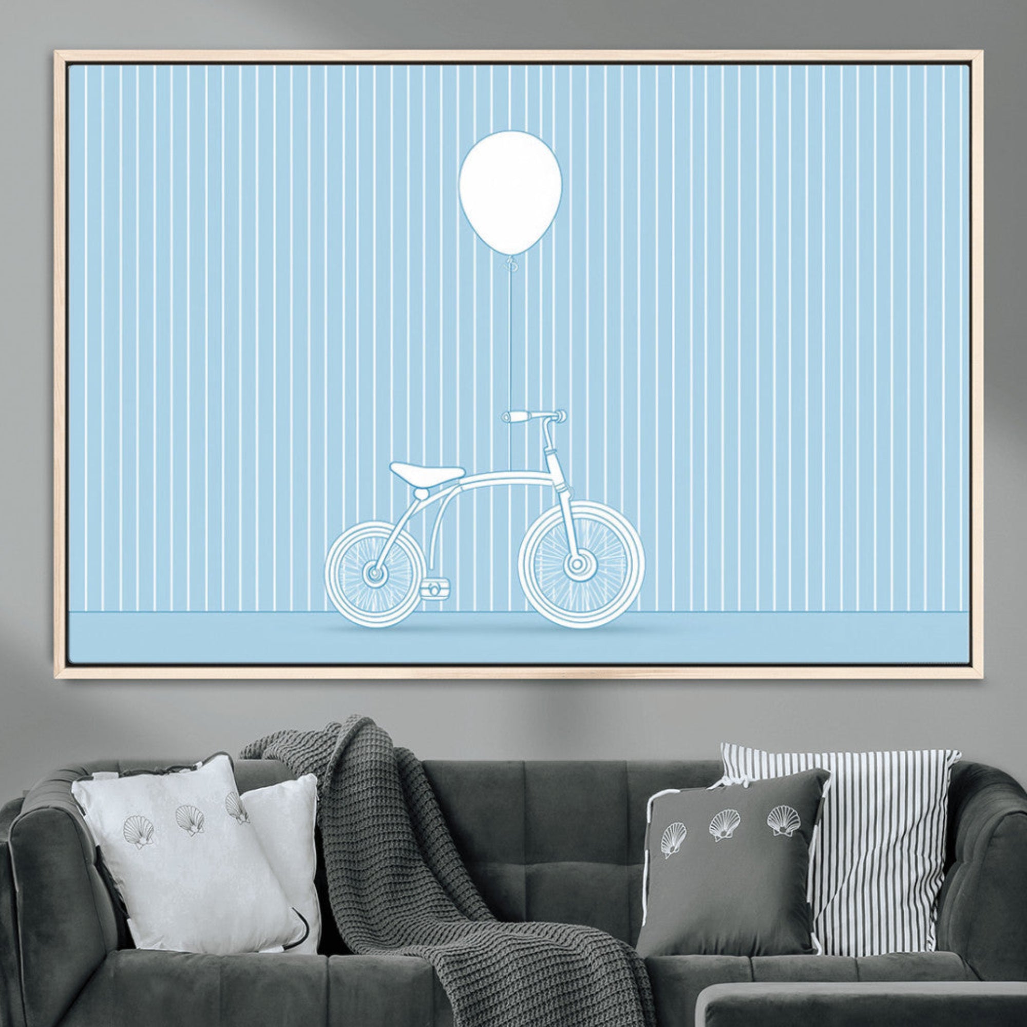 56479838-MGV-CV-36X24-Minimalist Bicycle Balloon Wall Art Canvas Print – Playful Blue Modern Line Art Decor for Home, Office, Living Room