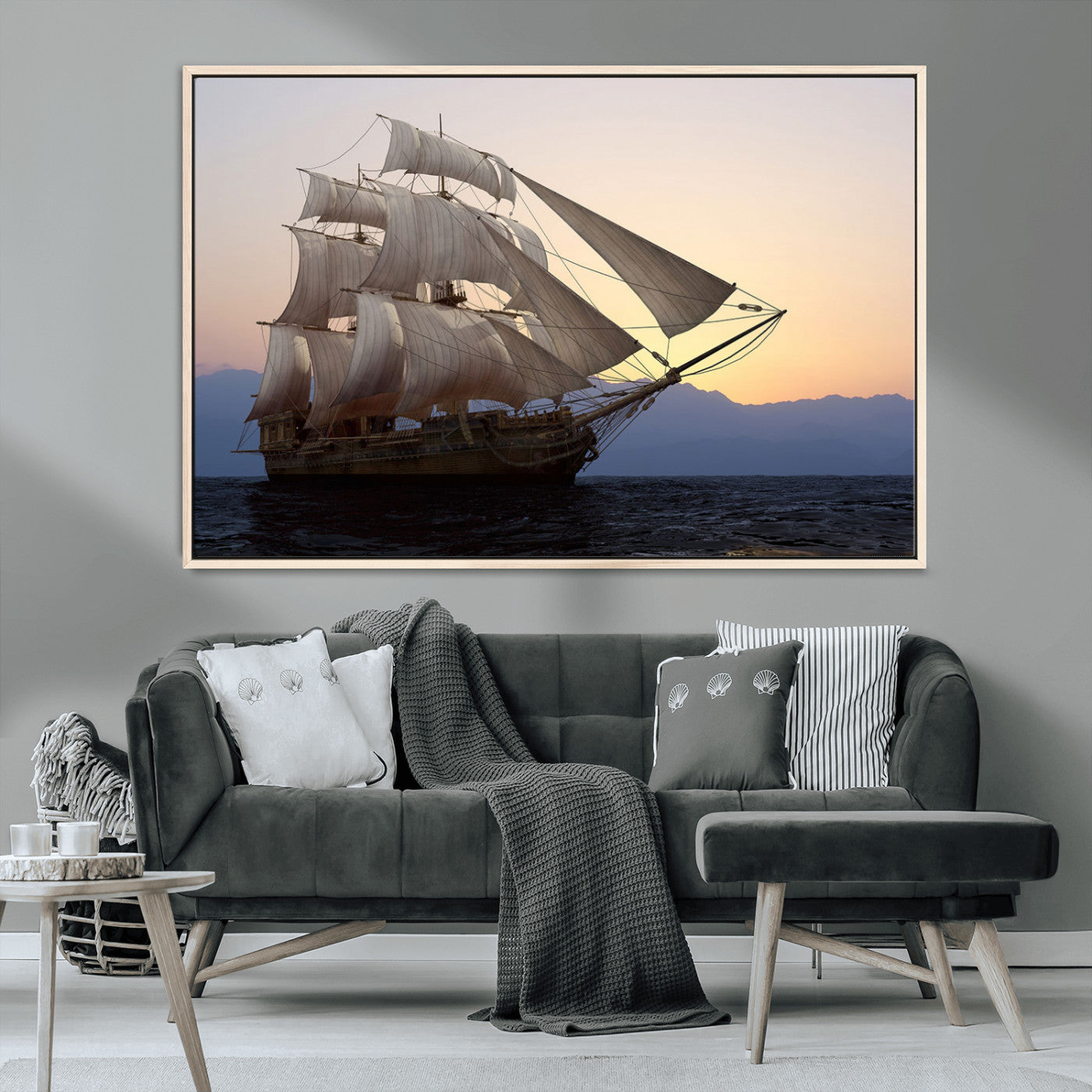 A majestic sailing ship with full sails, gliding through the ocean at sunset, with the soft glow of the sky casting a serene backdrop.
