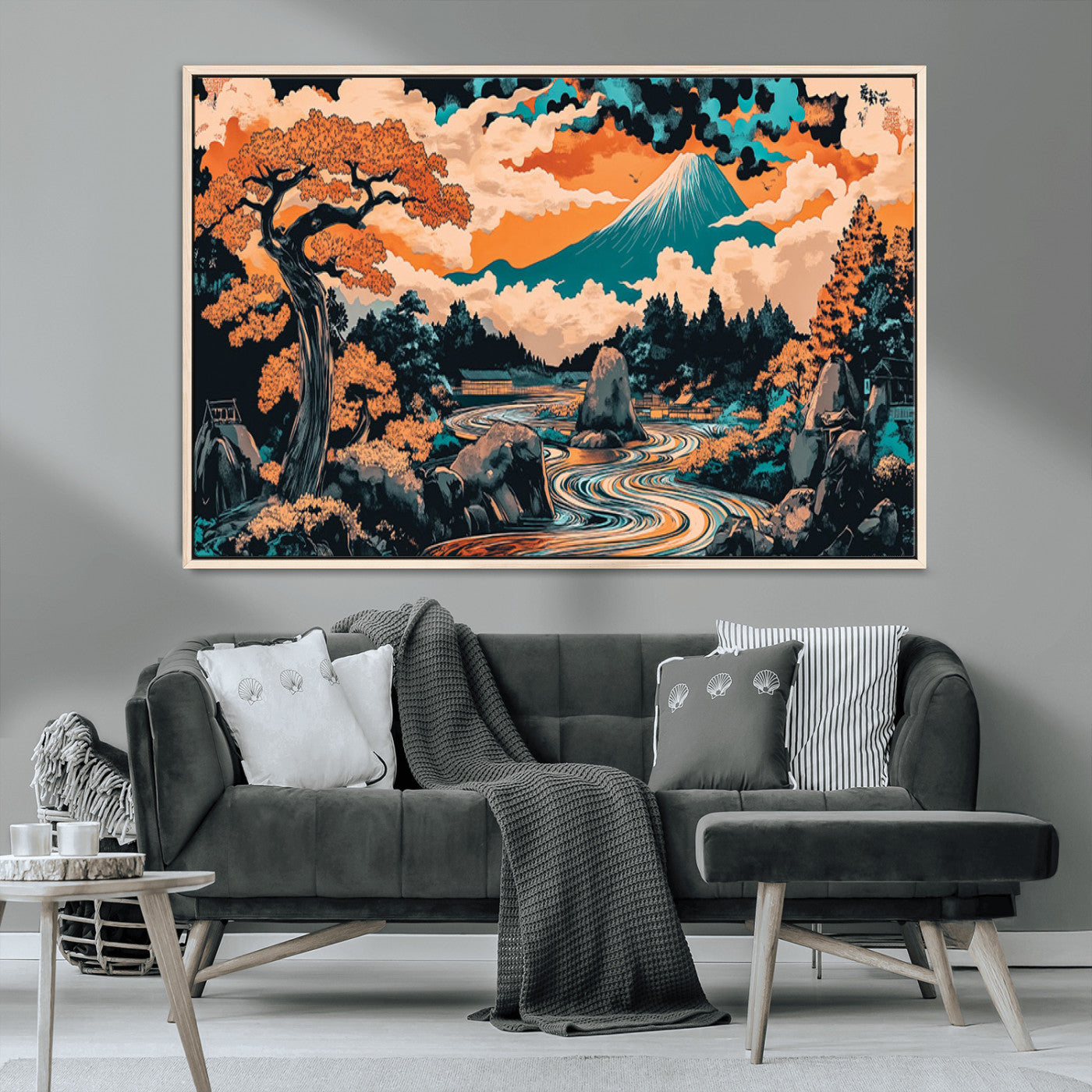A vibrant Japanese-inspired landscape featuring Mount Fuji, a winding river, and autumn-colored trees under a dramatic sky, in bold and vivid hues.