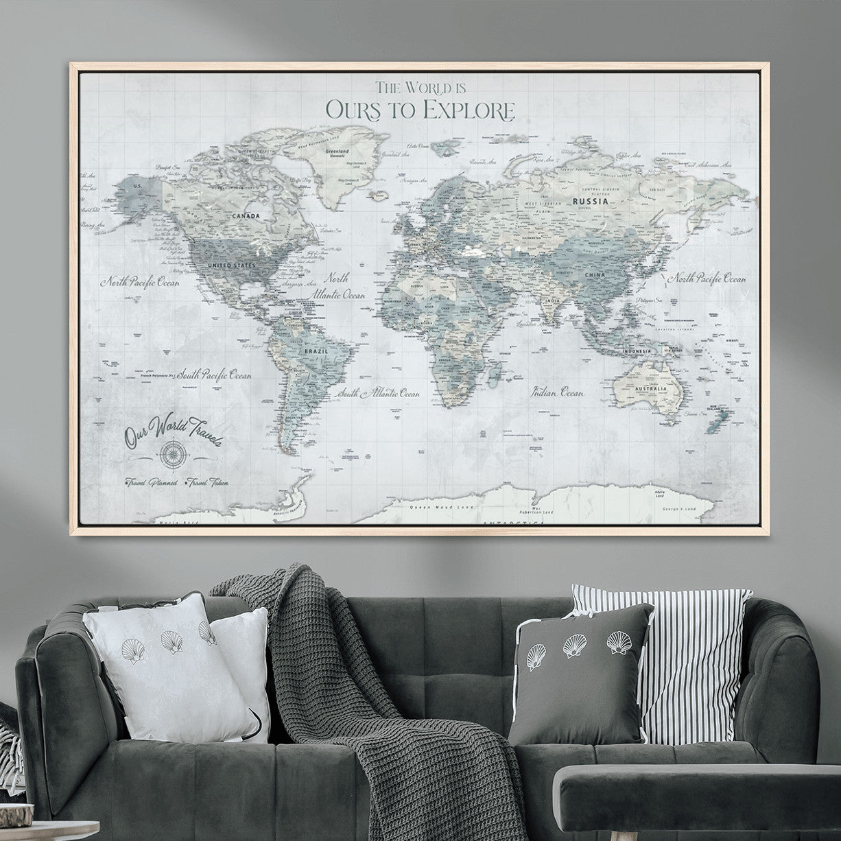 73654056-MGV-FC-36X24 - Personalized Push Pin World Map Canvas Print – Custom Framed Travel Tracker Artwork for Couples or Home Decor