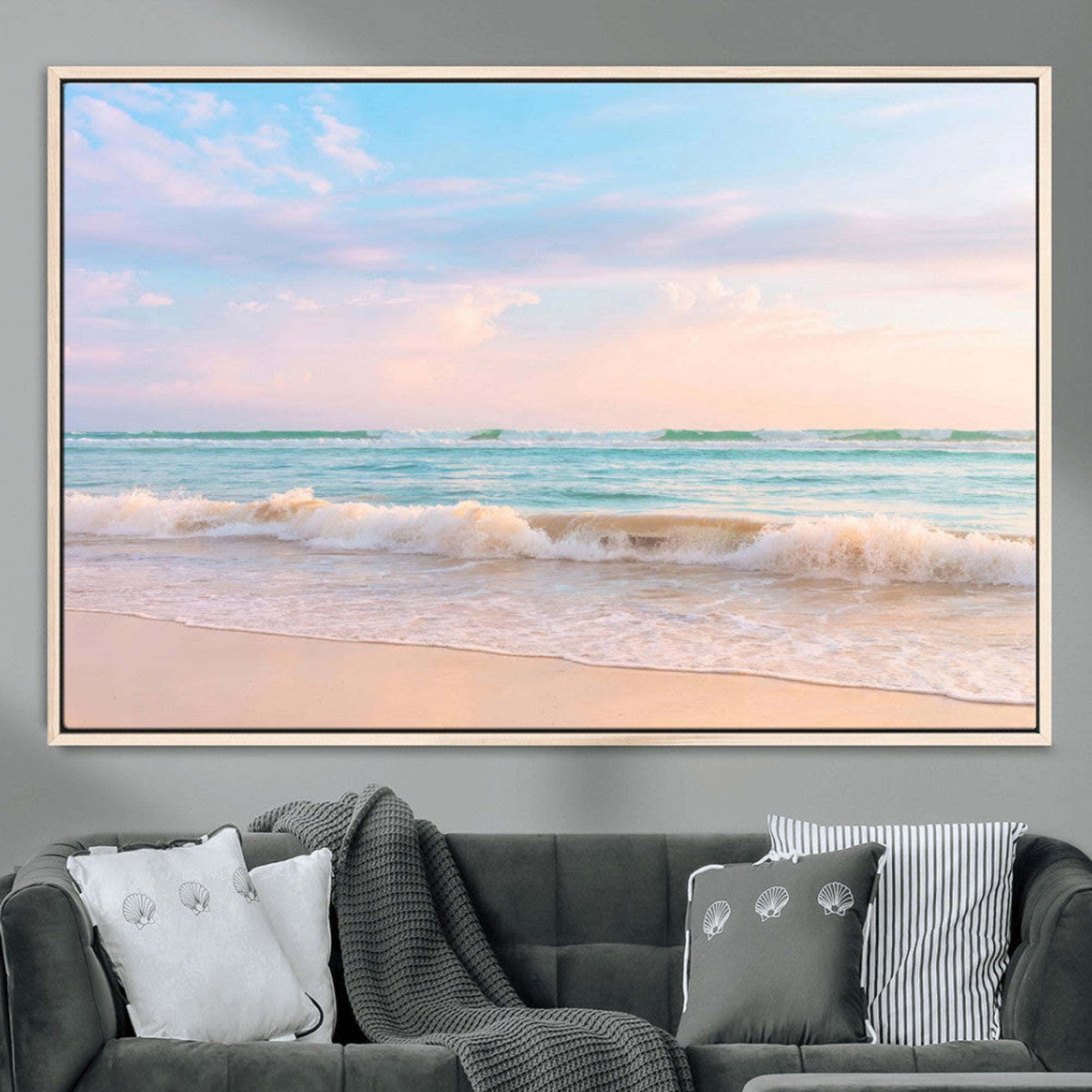 88024944-MGV-CV-36X24-Serene Ocean Waves Wall Art Canvas Print – Pastel Sky Soft Sand Beach Tranquil Seascape Calm Water Decor for Home Office