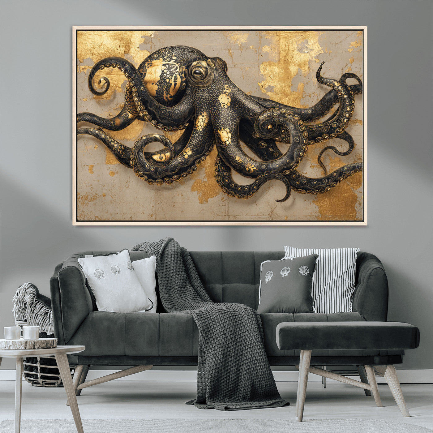 A stunning golden and black illustration of an octopus on a textured background with gold leaf accents, highlighting its intricate tentacles and unique design.
