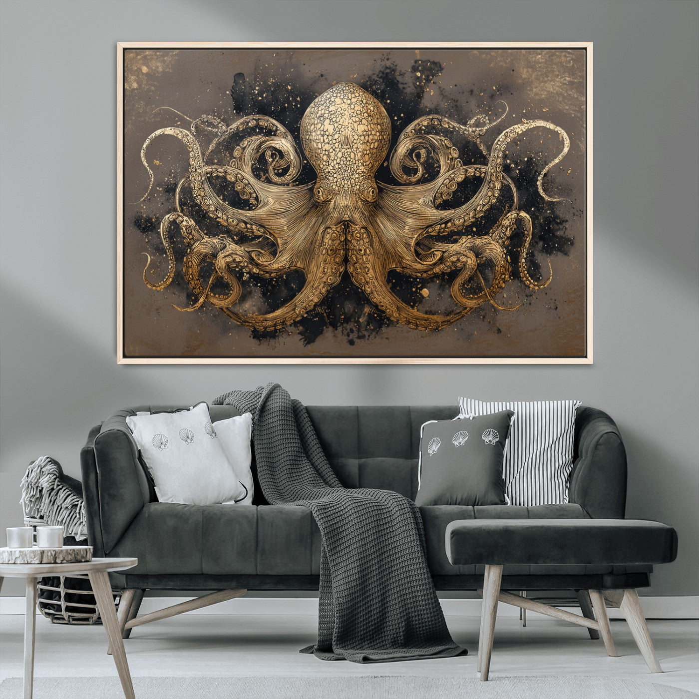 A beautifully detailed illustration of an octopus in gold ink on a textured dark background, with swirling tentacles and intricate patterns.