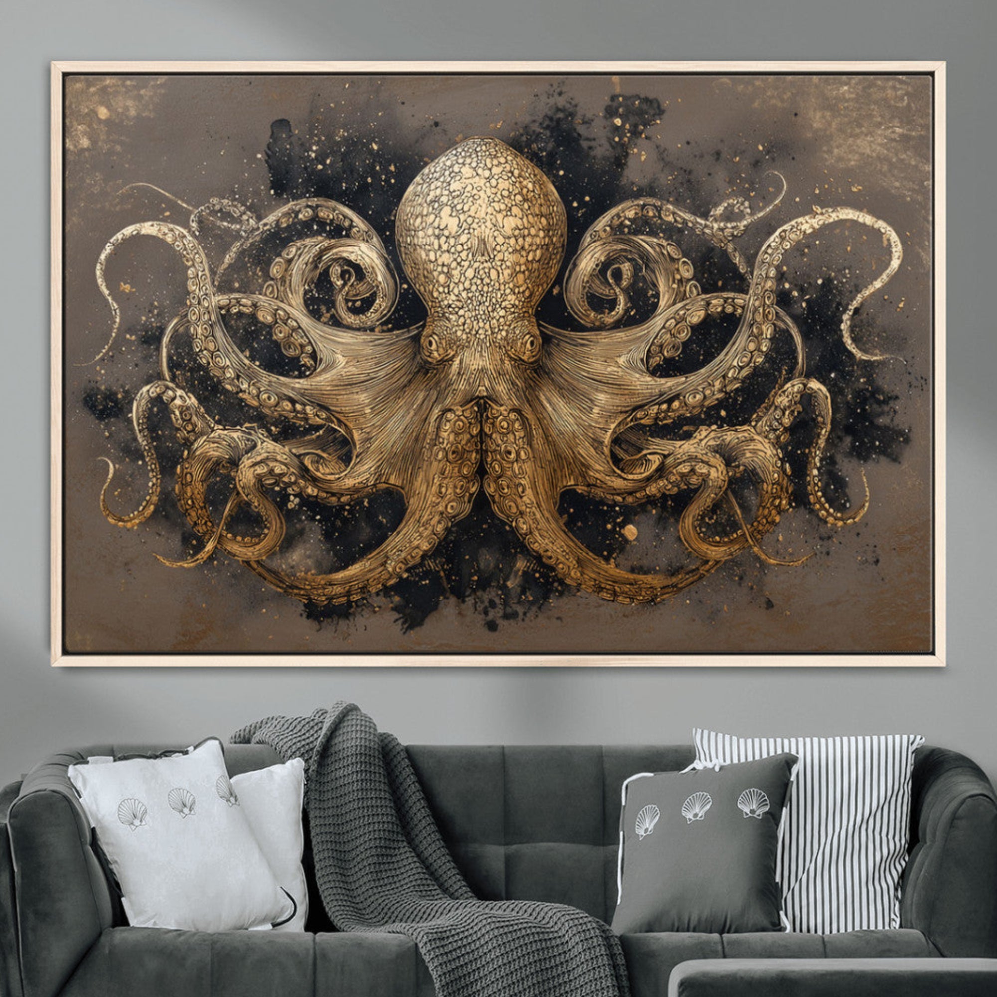 21717515-MGV-CV-36X24-Octopus Wall Art Canvas Print – Black Gold Detailed Tentacles Marine Life Ocean Creature Nautical Artwork for Home Office