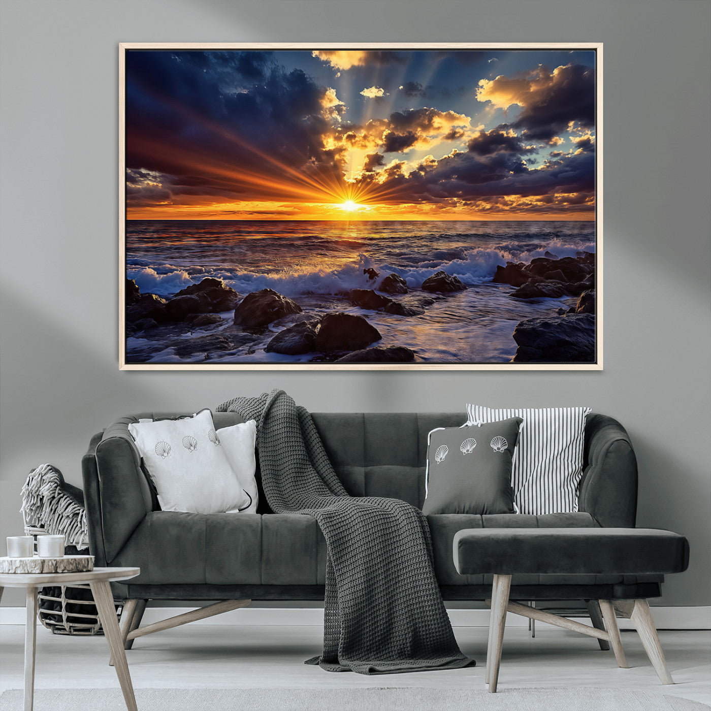 An explosive sunset over the ocean with dramatic clouds and rays of sunlight reflecting off the water, creating a vibrant and captivating view.