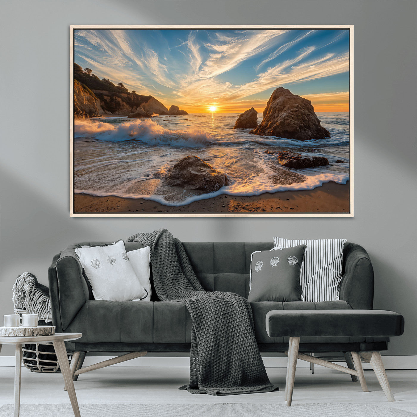 Rocky Ocean Sunset Wall Art Print, Seaside Canvas Wall Art, Dramatic Seascape Canvas Print for Coastal Modern Decor, Ocean Sunset Art Printing