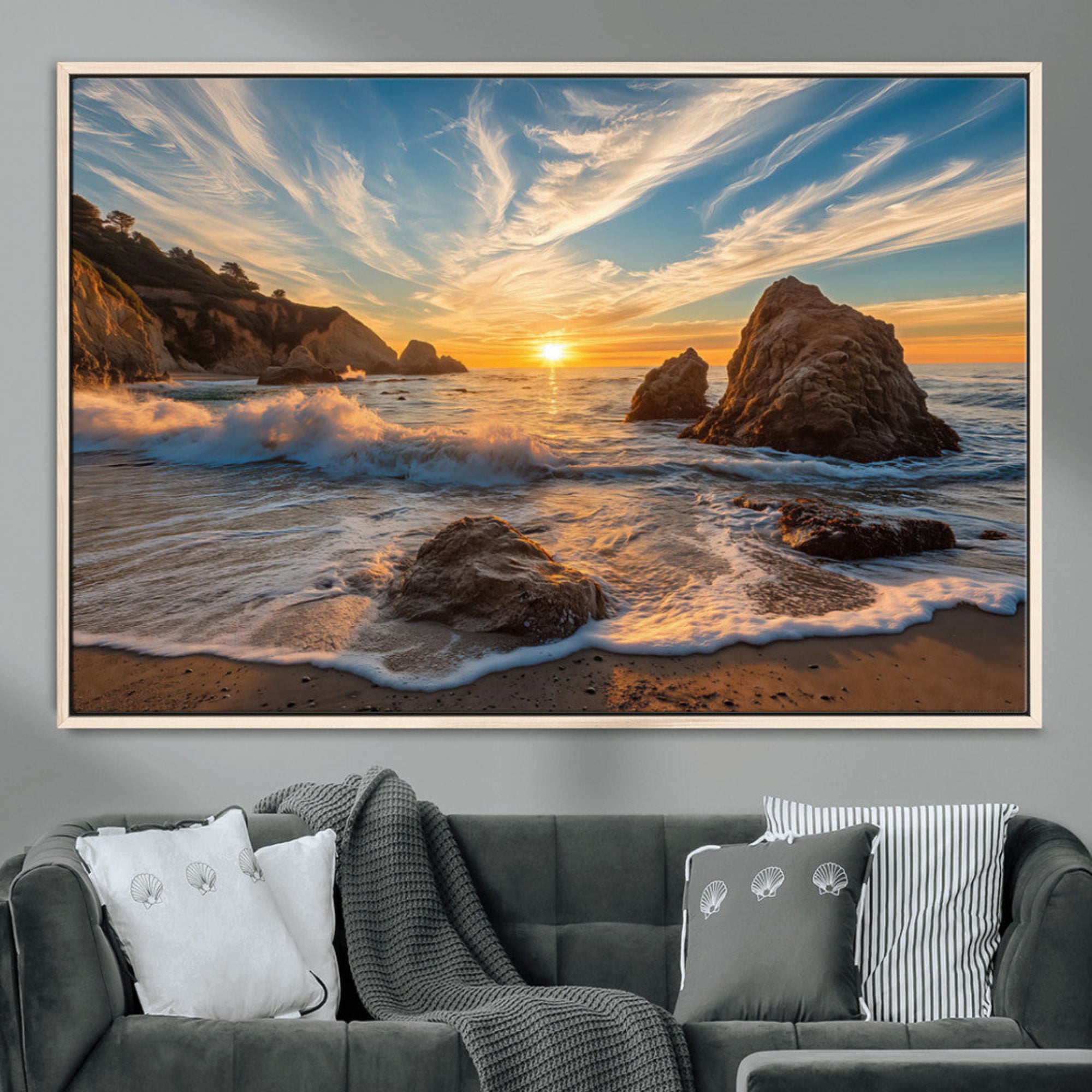 85659923-MGV-CV-36X24-Rocky Ocean Sunset Wall Art Print – Seaside Canvas Dramatic Seascape Waves Golden Sky Artwork for Home Office
