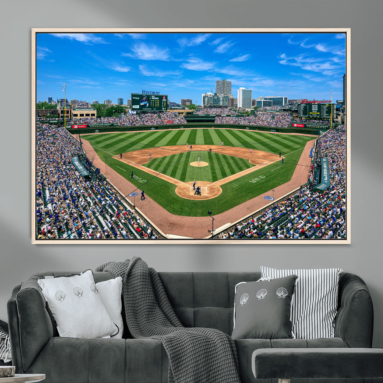 35800083-MGV-FC-36X24 - Wrigley Field Baseball Stadium Canvas Wall Art – Packed Crowd Sports Stadium City Skyline Artwork for Home Office