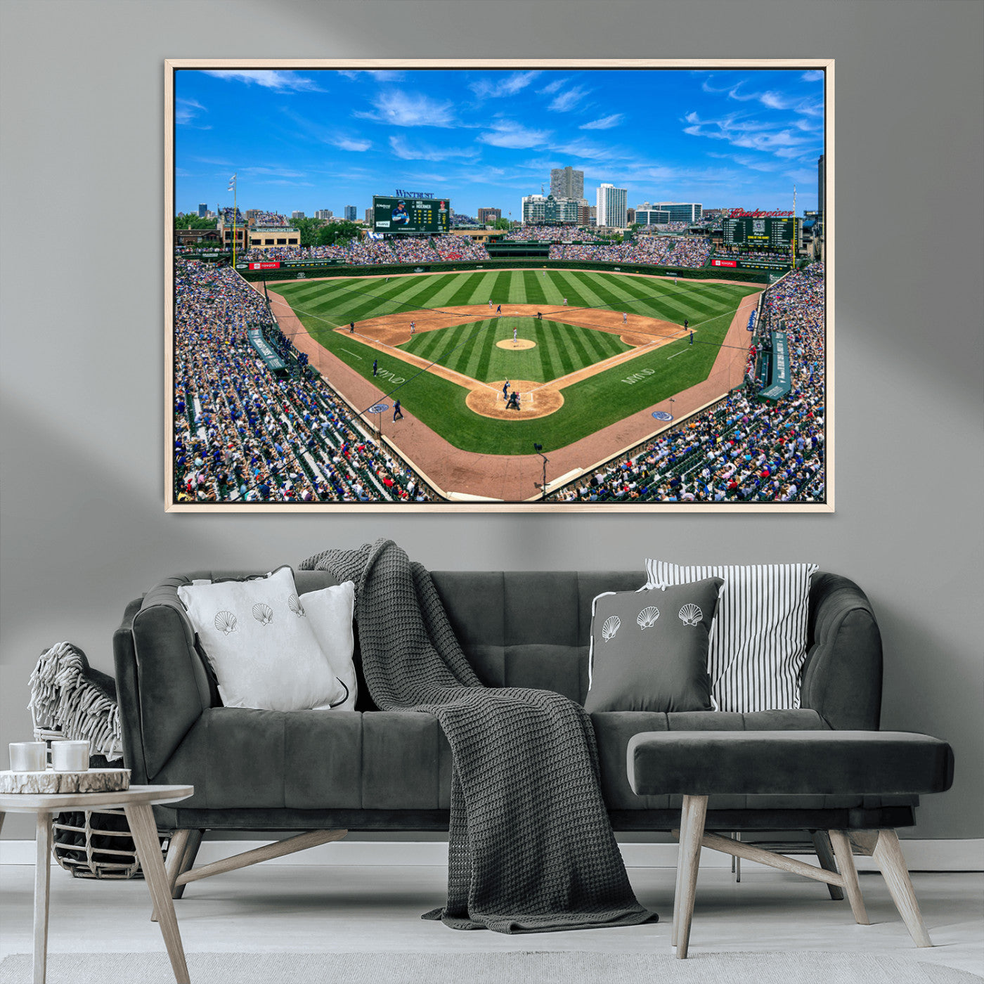 Wrigley Field Baseball Stadium Canvas Wall Art, Packed Crowd Sports Stadium Print, City Skyline Baseball Field Canvas for Game Room Decor