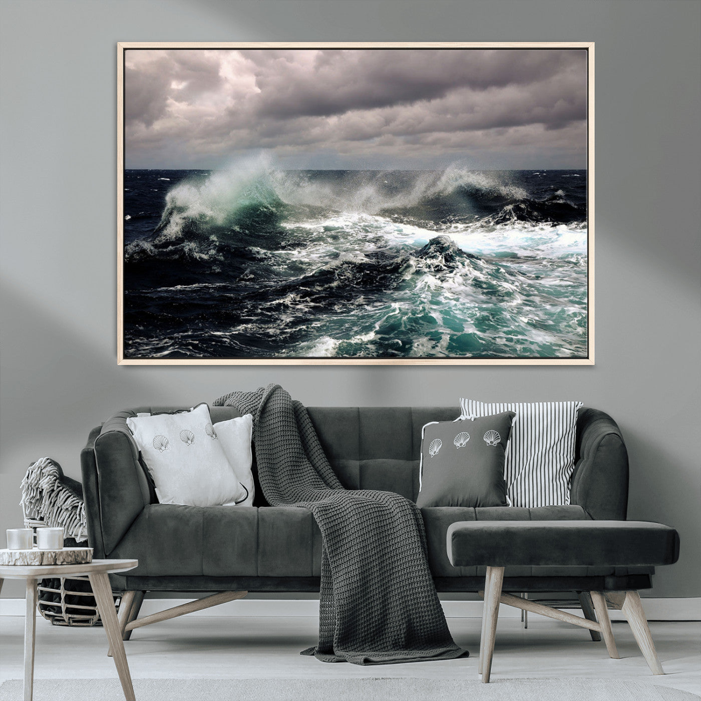 Powerful ocean waves crashing under stormy skies, creating a dynamic and intense seascape.