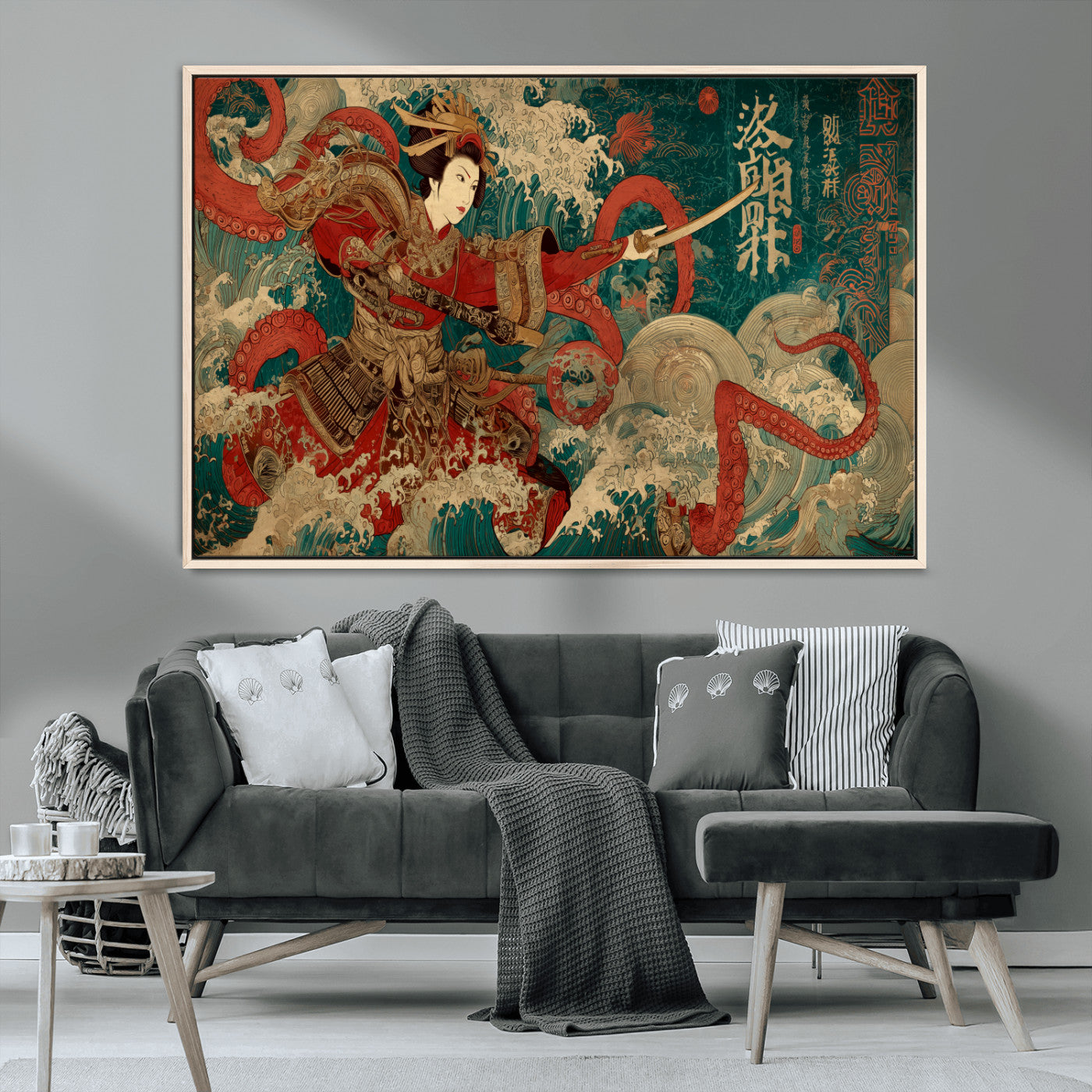 MGV-FC-36X24 - Tsukioka Yoshitoshi Samurai Wall Art Print, Japanese Katana Warrior Canvas Wall Art, Octopus Sea Monster Canvas Print,