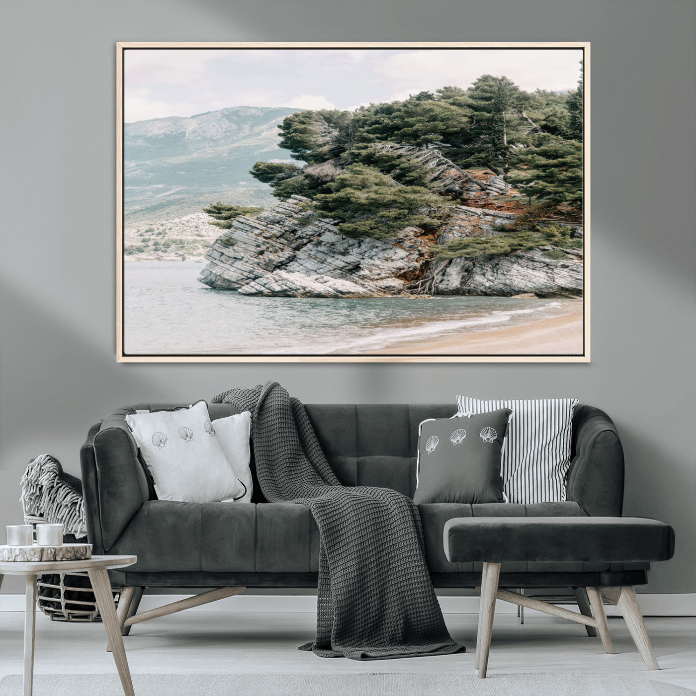 MGV-FC-36X24 - Coastal Rock Canvas Wall Art Print, Scenic Beach Landscape, Pine Trees on Rocky Cliff, Large Nature