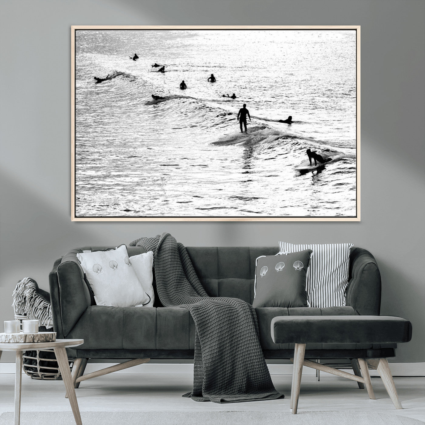 MGV-FC-36X24 - Black and White Surfers Riding Gentle Ocean Waves – Minimalist Coastal Photography Wall Art Canvas