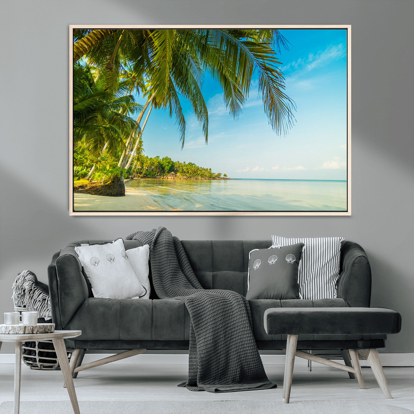 MGV-FC-36X24 - Peaceful Tropical Beach with Palm Trees and Calm Blue Sea – Serene Coastal Wall Art Canvas Print for