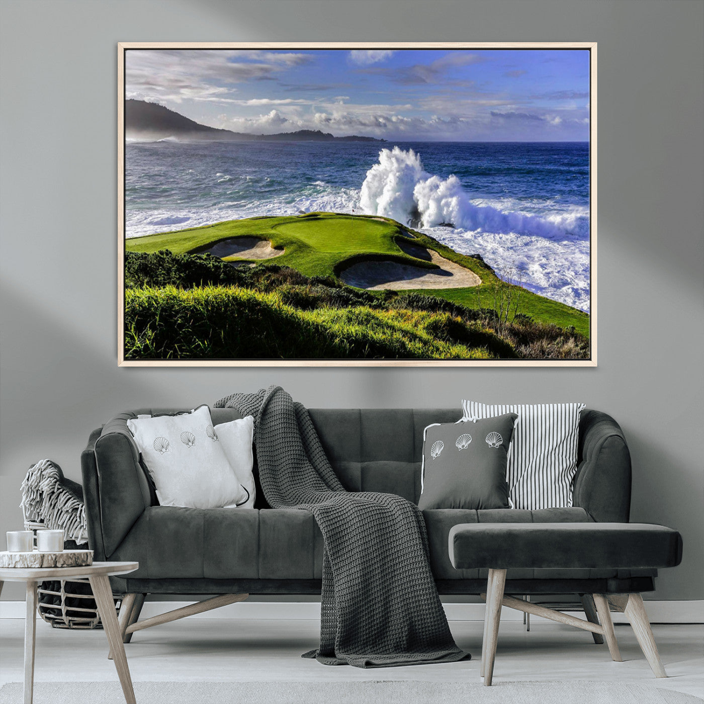 -Dramatic Ocean Waves Crashing Against Rocky Coastline Near a Green Golf Course – Stunning Wall Art