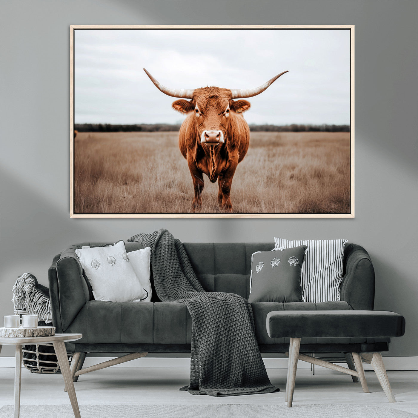 MGV-FC-36X24 - Longhorn bull, open field, rustic charm, natural beauty, Wall Art Canvas Print, countryside,