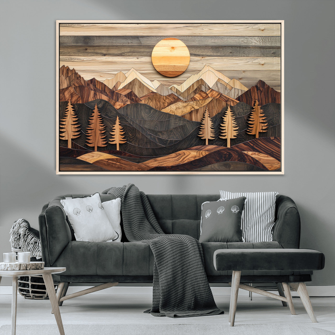 MGV-FC-36X24 - Wooden Mountain Layers Canvas Wall Art – Rustic Pine Tree Landscape with Sunlight Artistic Nature
