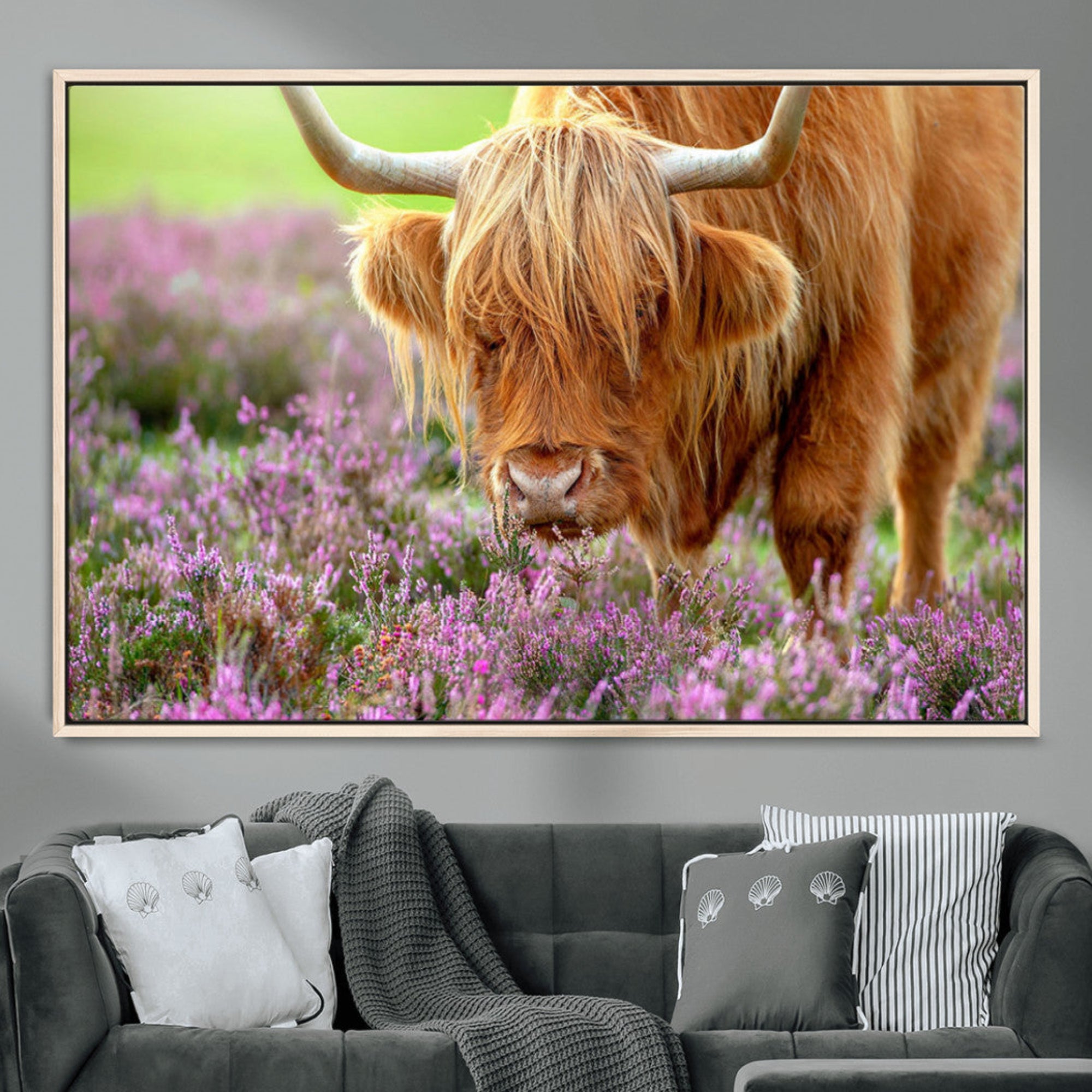 -Highland Cow Wall Art Canvas Print – Framed Purple Flowers Scene with Grazing Animal Artwork for Home, Office
