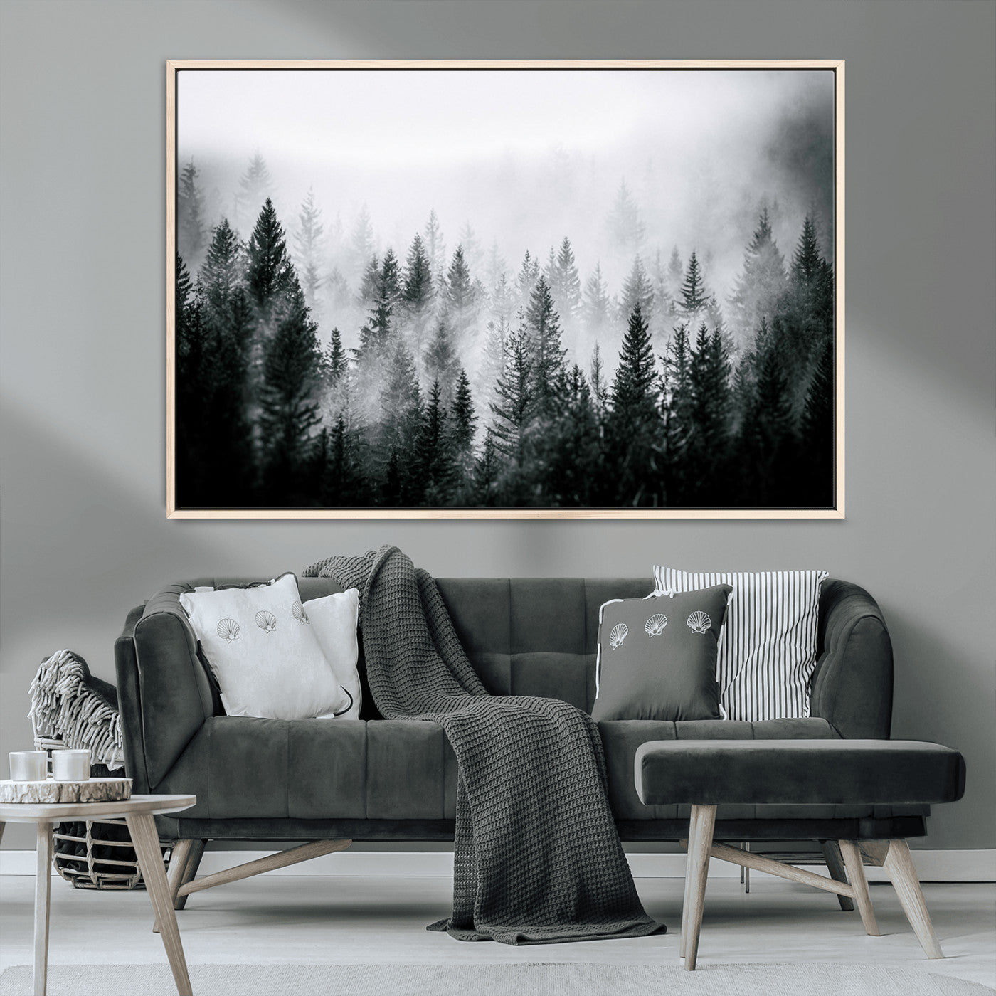 MGV-FC-36X24 - Foggy Pine Forest Canvas Wall Art – Black and White Nature Landscape Print, Horizontal Canvas for