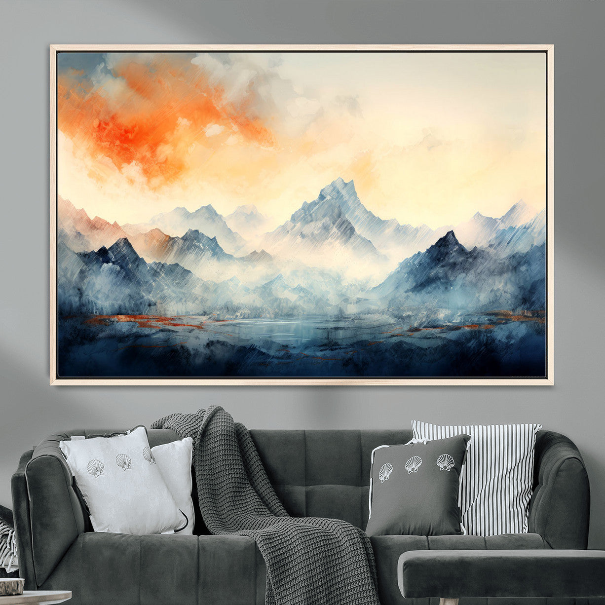 WRM1005-MGV-FC-36X24 - Warm Clouds Abstract Mountain Wall Art, Modern Landscape Canvas Print, Minimal Framed Artwork for Home, Office