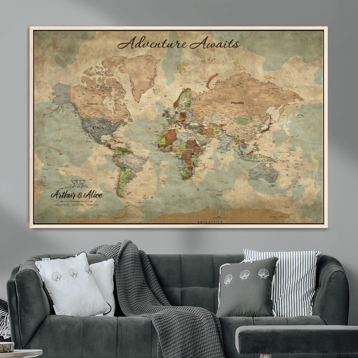 MGV-FC-36X24 - Personalized World Map Wall Art Canvas Print – Custom Push Pin Travel Map for Couples, Families, or Office Décor