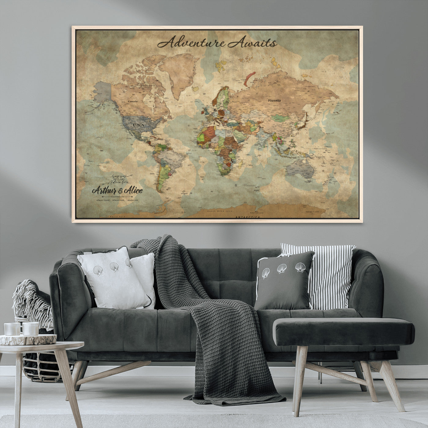 MGV-FC-36X24 - Personalized World Map Wall Art Canvas Print – Custom Push Pin Travel Map for Couples, Families, or Office Décor