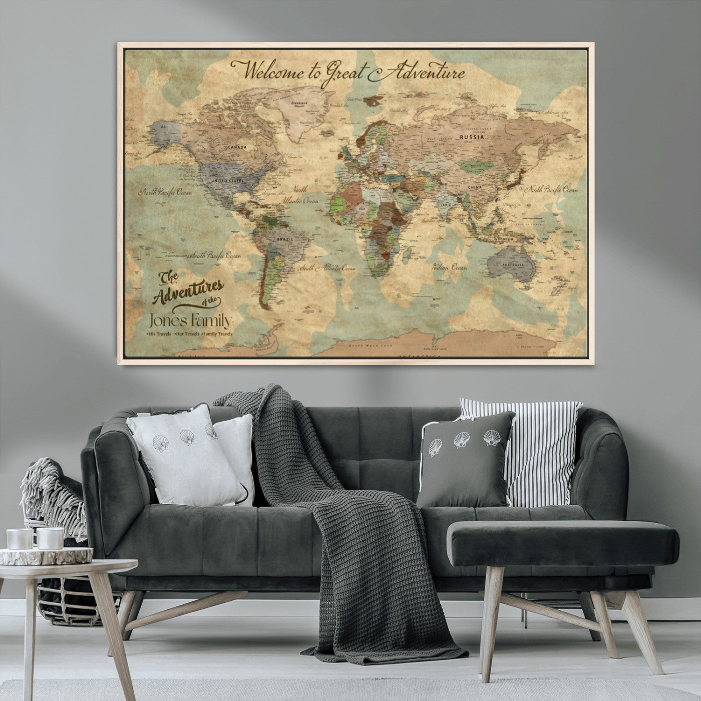 MGV-FC-36X24 - Personalized World Map Wall Art Canvas Print – Custom Push Pin Travel Map for Couples, Families, or Office Décor