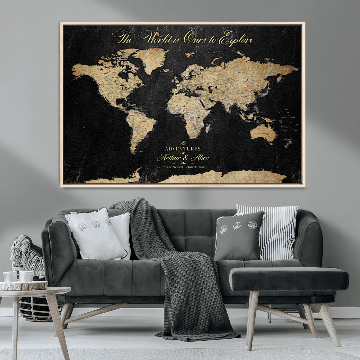 MGV-FC-36X24 - Personalized World Map Wall Art Canvas Print – Custom Push Pin Travel Map for Couples, Families, or Office Décor