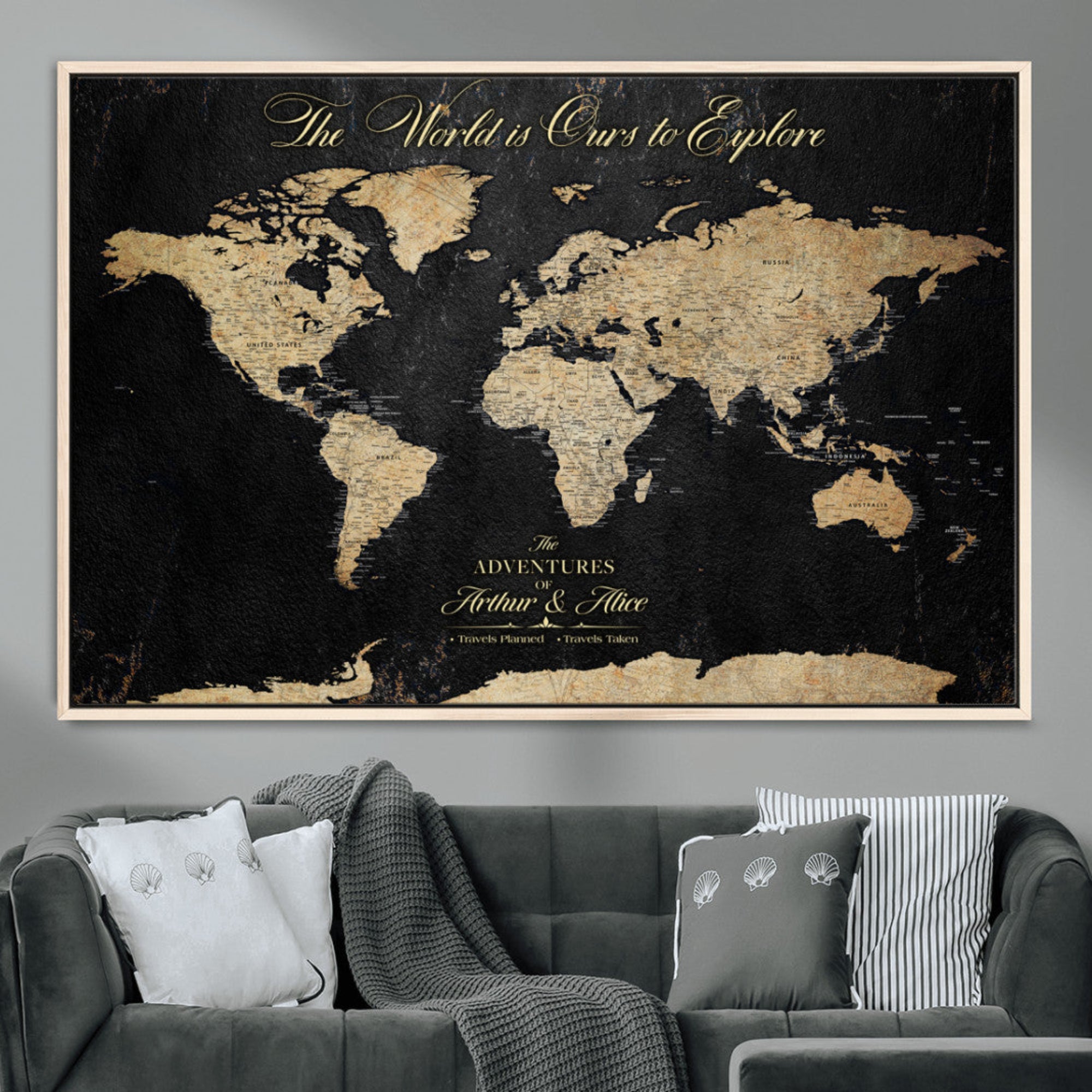 MGV-FC-36X24 - Personalized World Map Wall Art Canvas Print – Custom Push Pin Travel Map for Couples, Families, or Office Décor