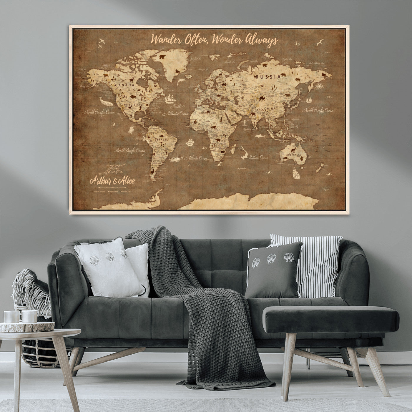 MGV-FC-36X24 - Personalized World Map Wall Art Canvas Print – Custom Push Pin Travel Map for Couples, Families, or Office Décor