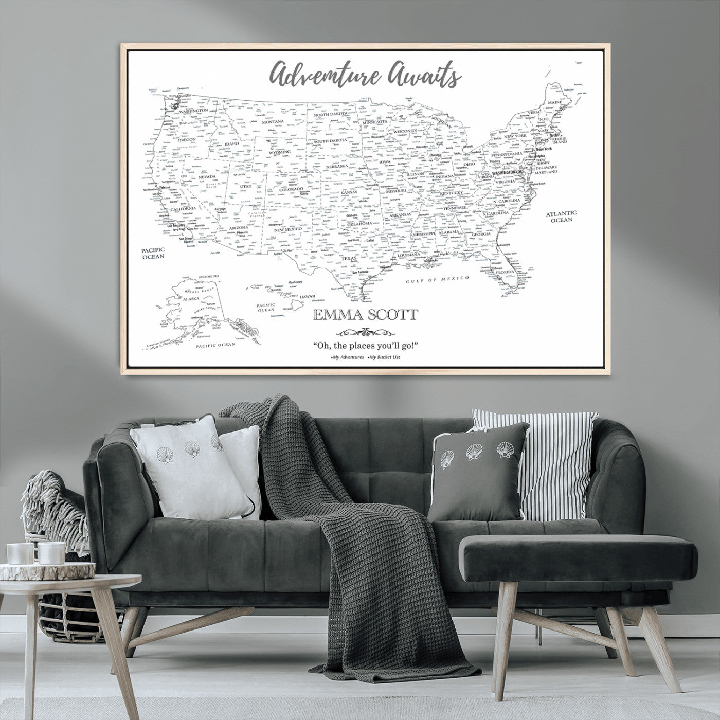 MGV-FC-36X24 - Personalized US Map Wall Art Canvas Print – Custom Push Pin Travel United States US Map for Couples, Families, or Office Décor