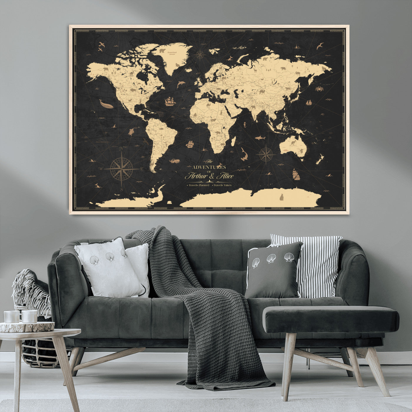 MGV-FC-36X24 - Personalized World Map Wall Art Canvas Print – Custom Push Pin Travel Map for Couples, Families, or Office Décor