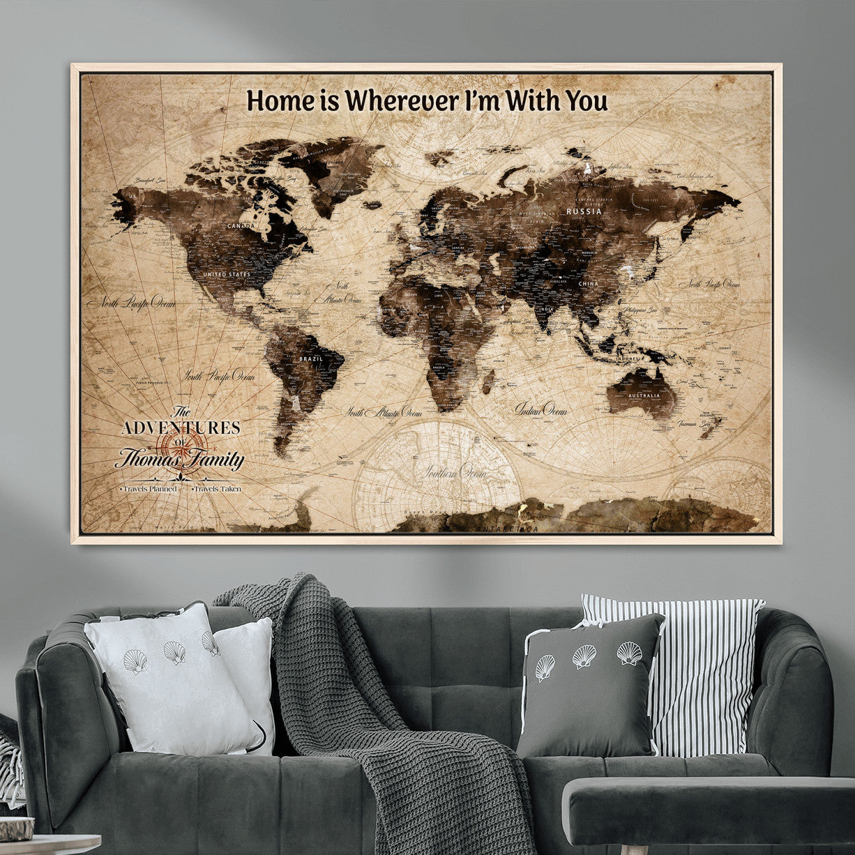 31398786-MGV-FC-36X24 - Personalized World Map Wall Art – Custom Framed Push Pin Travel Tracker Canvas Print Unique Gift for Home, Office